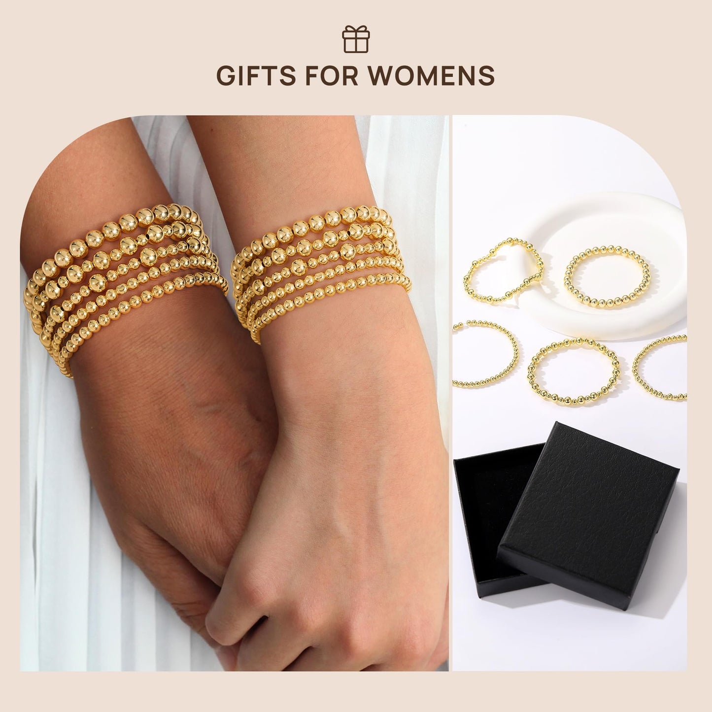 Yoosteel Gold Beaded Bracelets Set for Women Teen Girls - 14k Gold-Plated Dainty Beaded Cross Pearl Bracelet for Women Teenage Girl Gifts Stackable Jewelry Gifts 6 Pcs