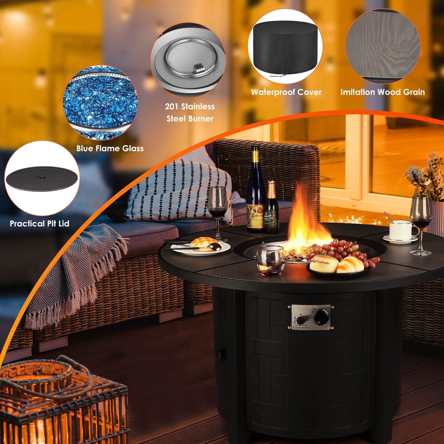 TLGREEN Propane Fire Pit Table 42 Inch Round – 50,000 BTU Outdoor Fire Pit with Lid, Converts to Patio Coffee Table, Certified, Includes Waterproof Cover & Blue Fire Glass