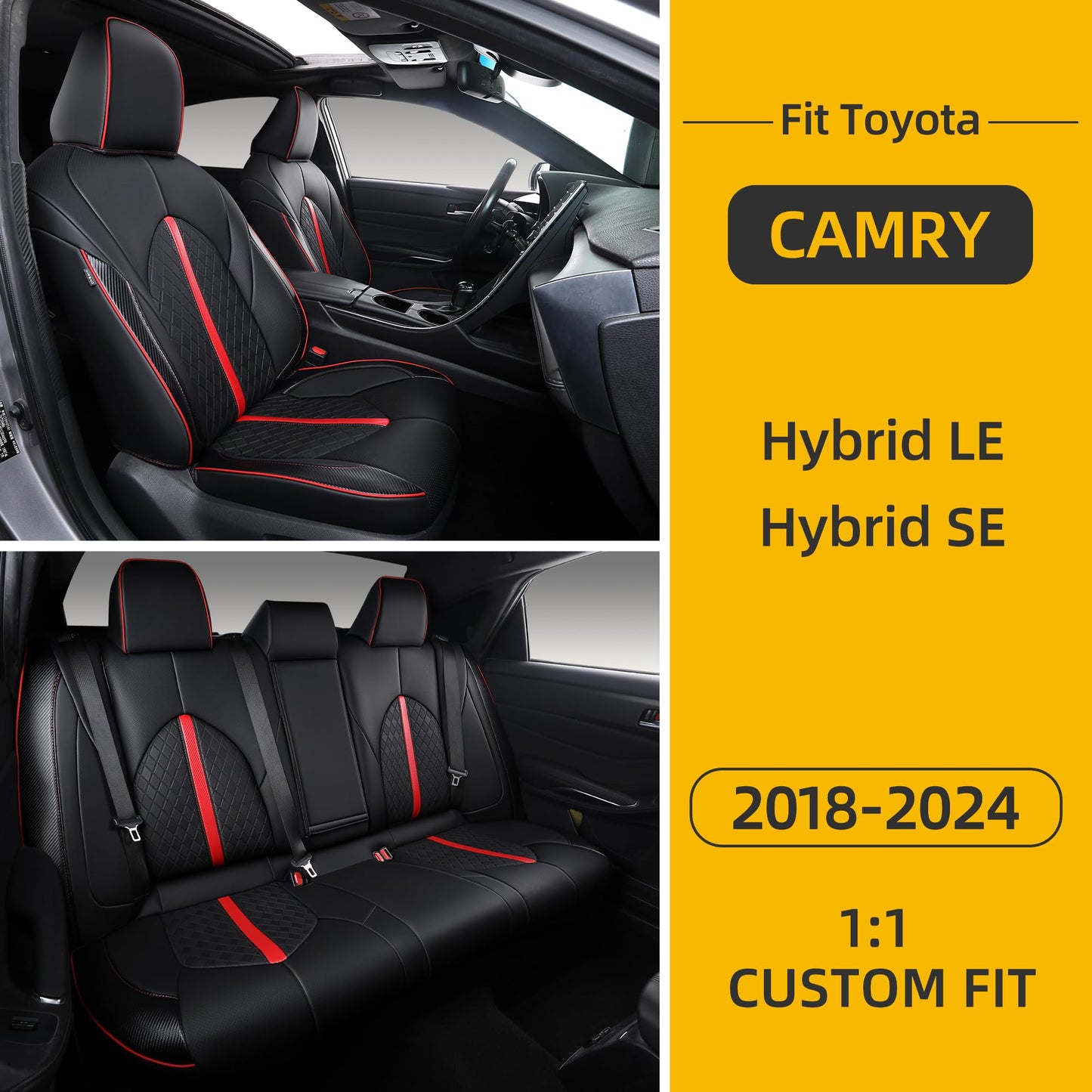OURPLOT Custom Fit Camry Seat Covers for 2018-2024 Toyota Camry Hybrid LE SE, Waterproof Faux Leather Full Coverage Car Seat Protectors Full Set (Black+Red)