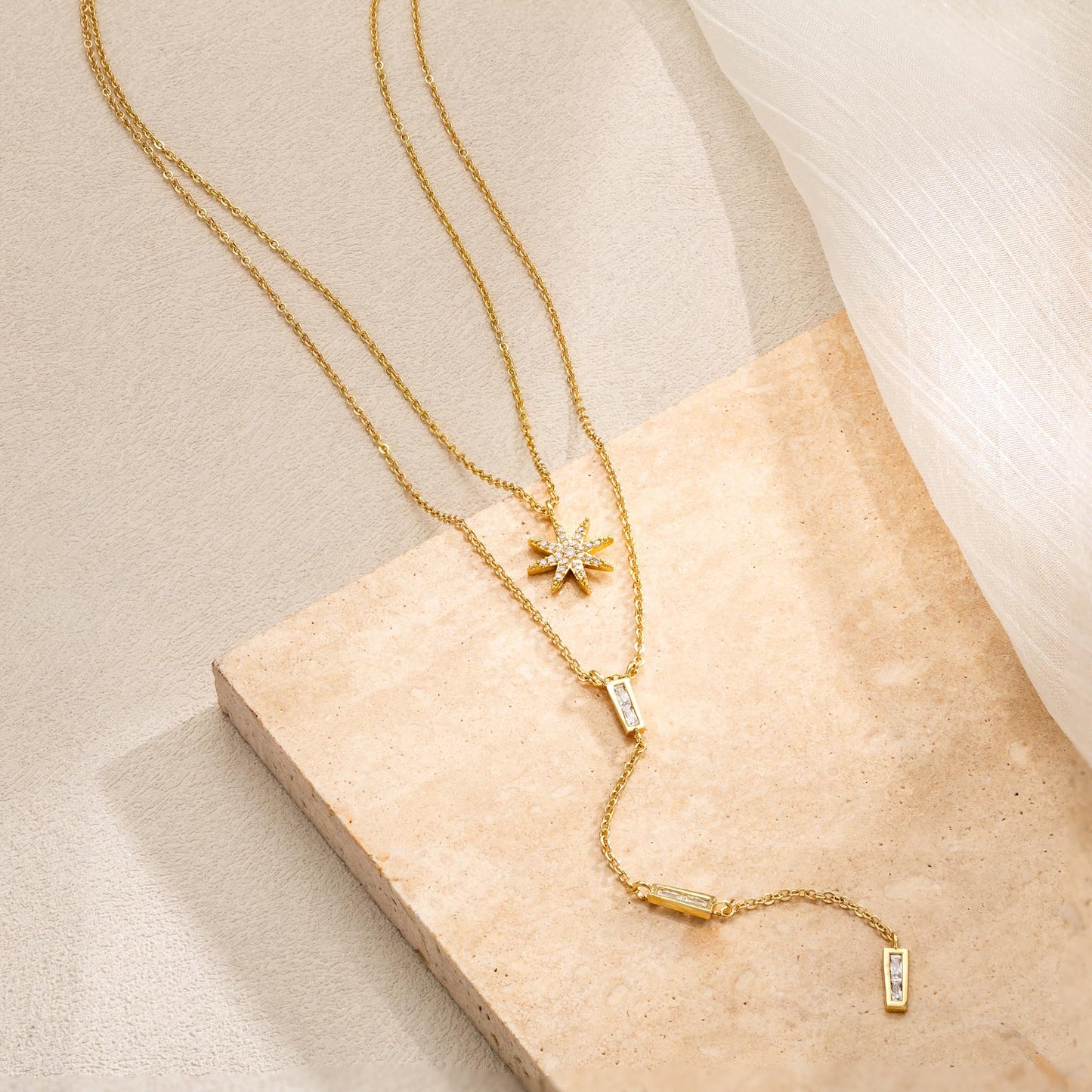 CHESKY 14K Gold Plated Long Necklace for Women North Star Layered Y Necklace Dainty Star Pendant Drop Stackble Necklace Trendy Jewelry
