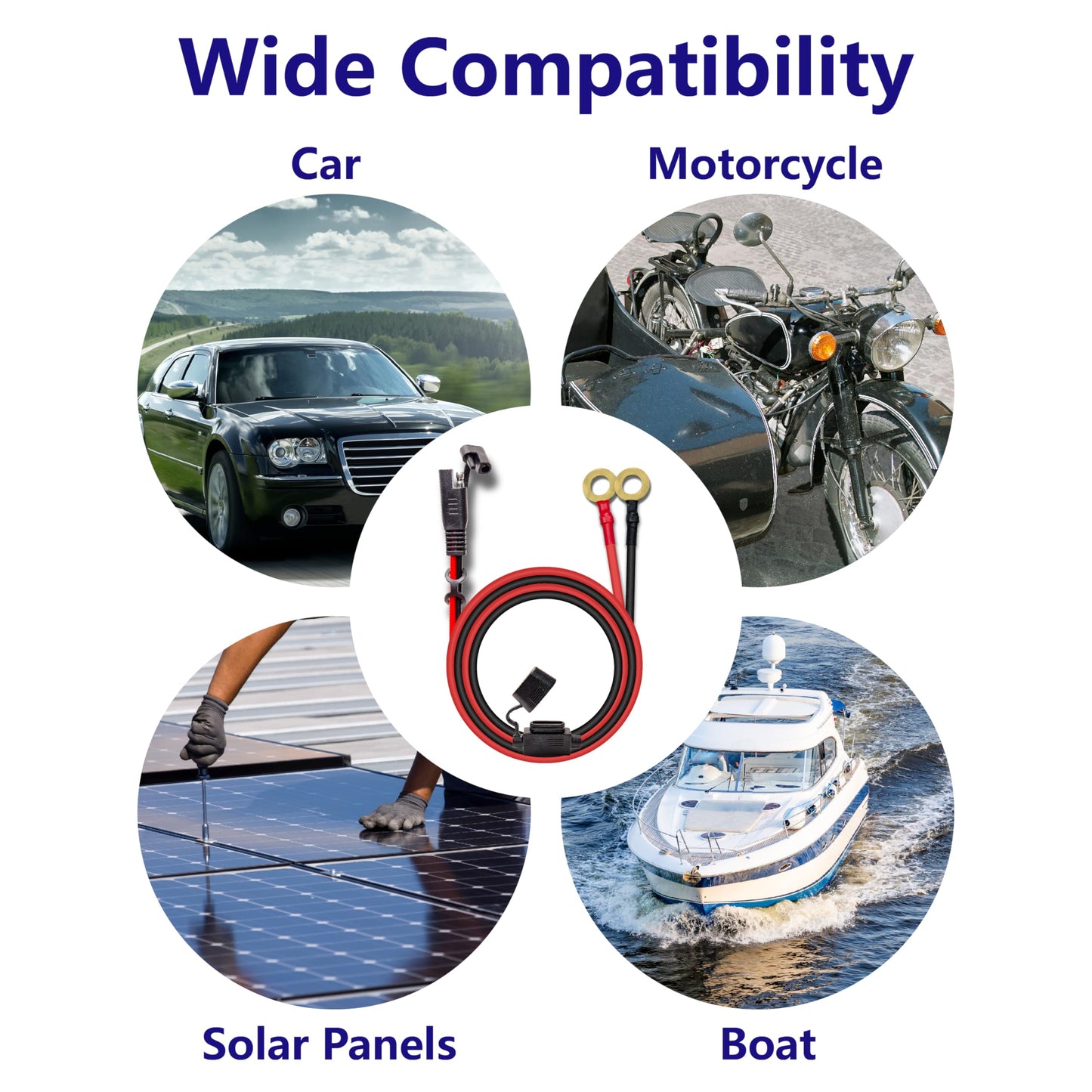 10AWG 6FT Charger Cable, SAE to O Ring Terminal Quick Disconnect Harness, 2 Pin SAE Connectors Extension Cables Cord with 15& 20A Fuse for Car, Motorcycle, Solar Panel