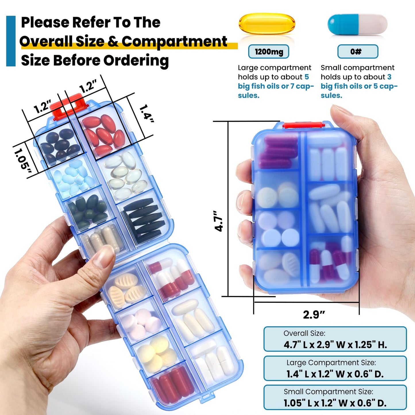 14 Grids Travel Pill Organizer Box with 415-Pcs Medicine Name Labels - Pocket Daily Pharmacy Case Container Kit - Travel Medication Holder Dispenser for Fish Oil Vitamin Supplement Storage -Clear Blue