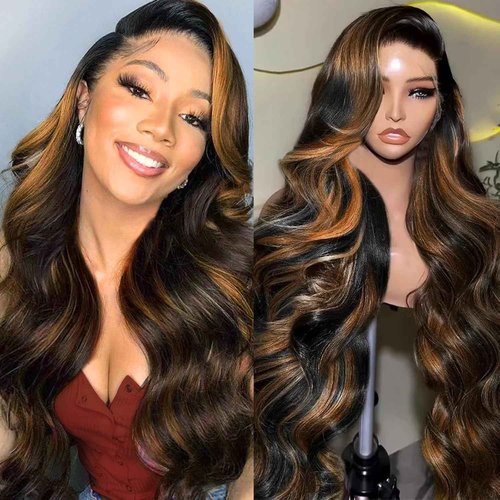 Highlight Ombre Lace Front Wig Human Hair Body Wave Lace Front Wigs Human Hair Pre Plucked 13x4 1B/30 HD Lace Frontal Highlight Wig 20 Inch Colored Balayage Wig 180% Density Glueless Wigs for Women