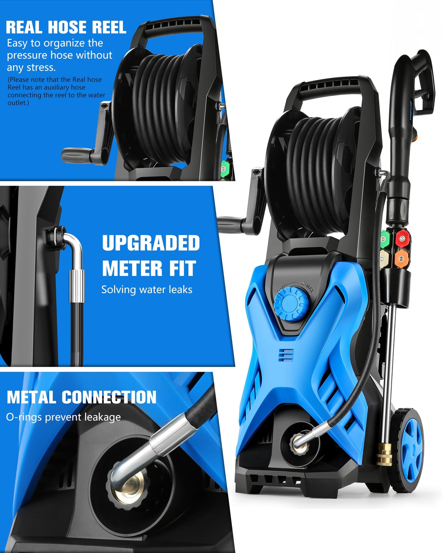 Electric Pressure Washer, 2.8 GPM High Power Washer Adjustable Pressure 2500PSI-5000PSI with 33FT Extension Hose Reel, 4 Nozzles and Soap Bottle for Cars/Fences/Driveways