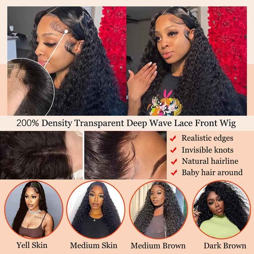 MISSJAY Hair 22 Inch Deep Wave Lace Front Wig Human Hair 200% Density 13x6 Lace Front Wig with Baby Hair Pre Plucked Deep Curly Wig 100% Unprocessed Brazilian Virgin Hair Natural Color for Women