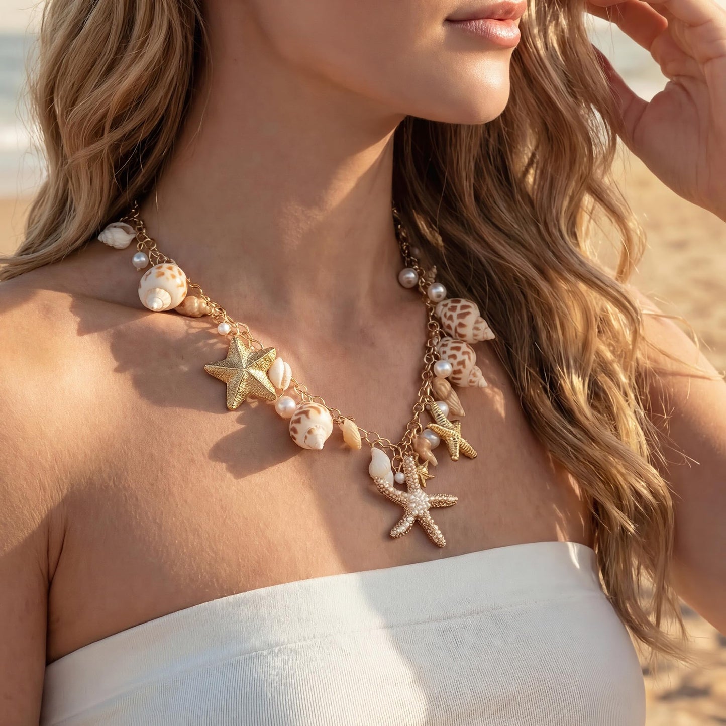 Shell Starfish Necklace for Women, Gold Plated Boho Layered Pendant Necklace with Pearl Conch Charm, Dainty Coastal Summer Beach Vacation Jewelry Gifts(Conch Starfish)