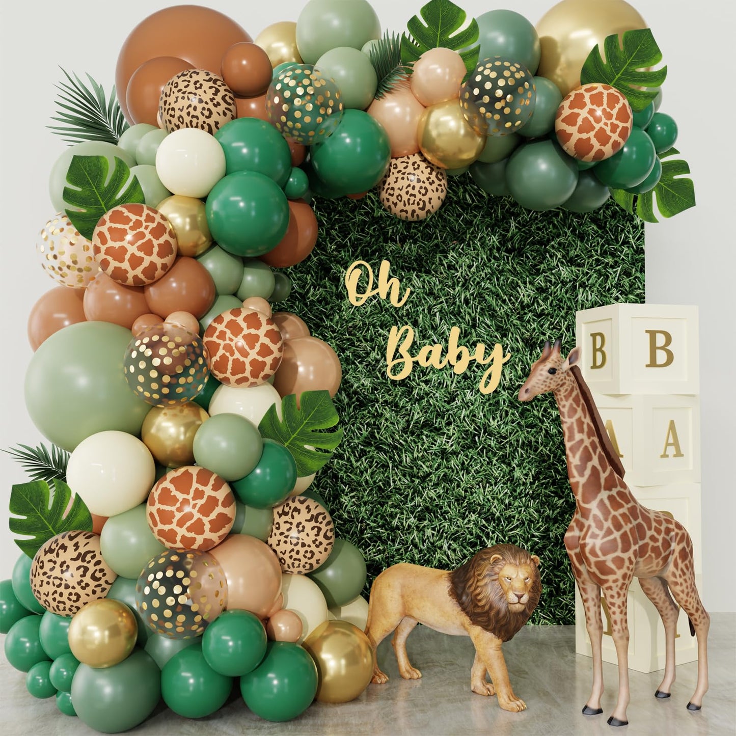 170Pcs Jungle Safari Balloons Arch Garland Kit, Sage Green Brown Animal Print Balloons Palm Leaves Wild One Safari Baby Shower Decorations for Boys Tropical Woodland Birthday Party Supplies