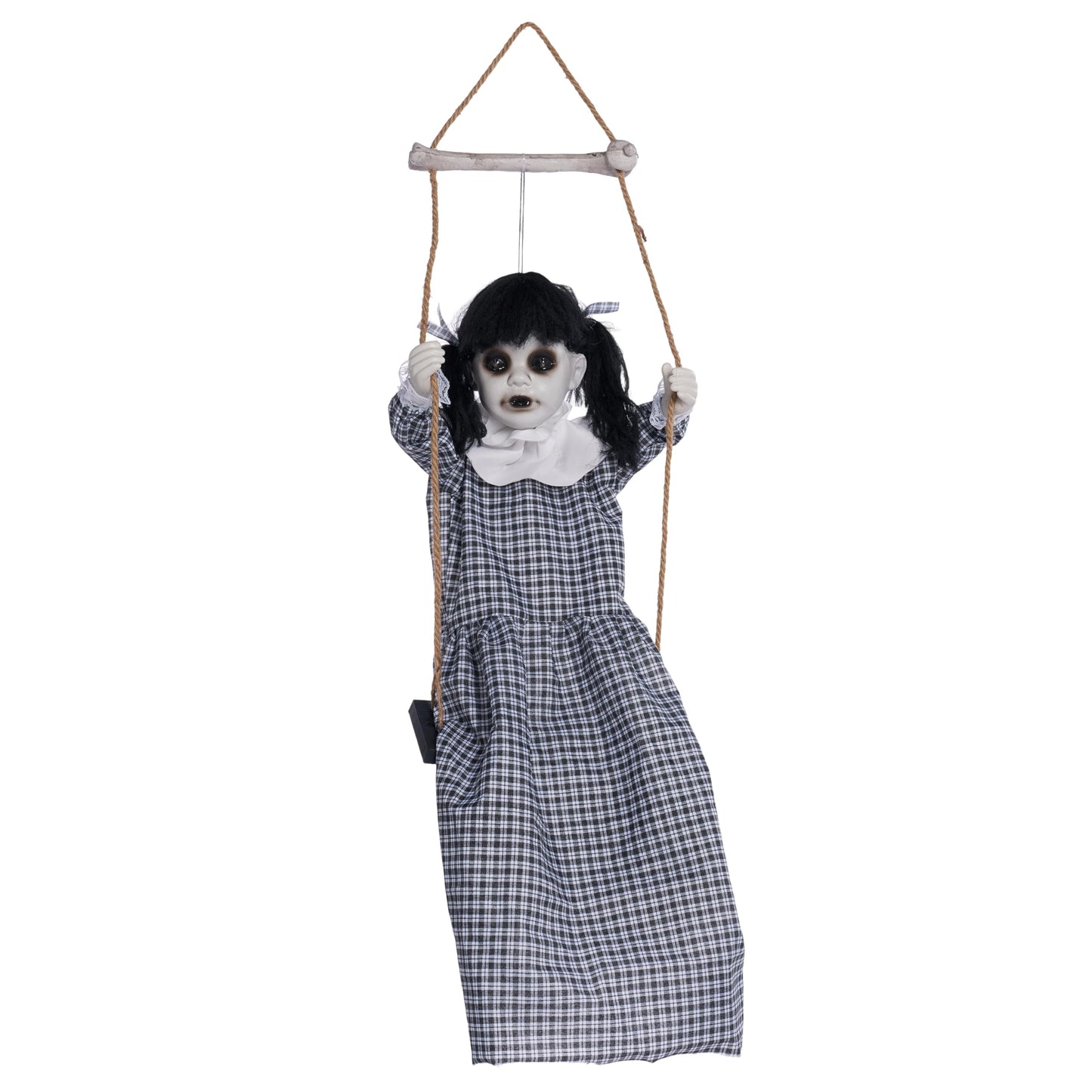 JOYIN Outdoor Halloween Hanging Scary Swing Girl Decorations, Outdoor Swinging Doll with Creepy Sound and Light Up Eyes Sound, Animated Hanging Decors Activated for Garden Yard Lawn