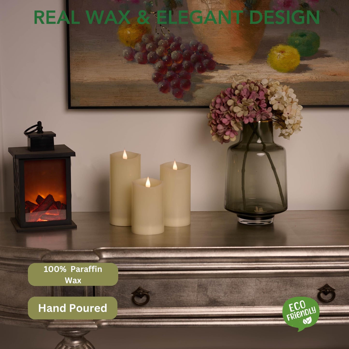 ENKINDDLE Flameless Candles with Timer, 3D Moving Flame LED Pillar Candle, Real Wax Flickering Candle, Battery Operated, Ivory 3"x5"" for Table Centerpiece & Home Décor"