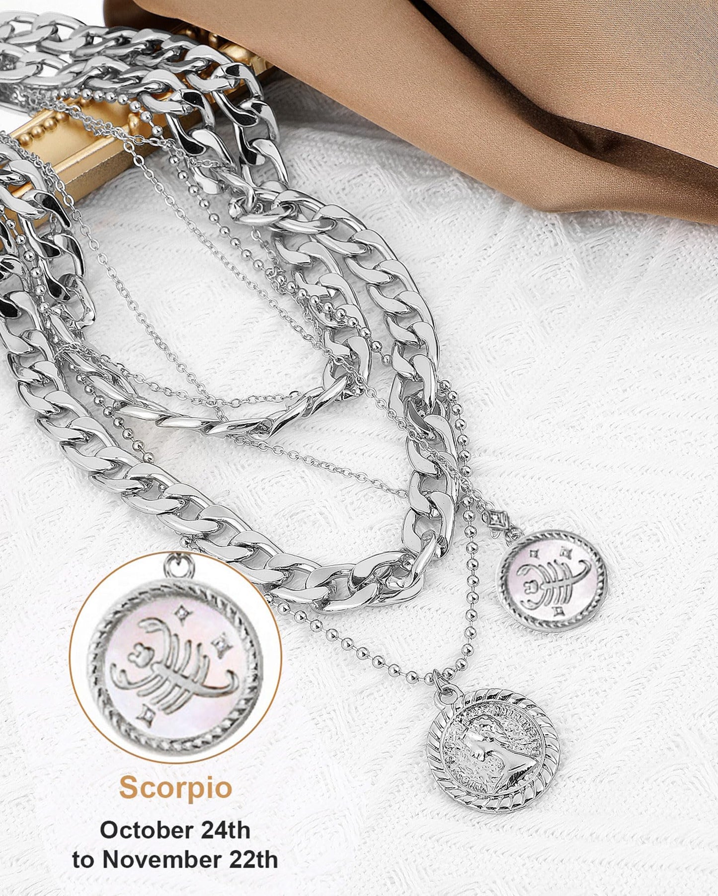 MJartoria Gold Layered Necklaces for Women Trendy Retro Coin Pendant Necklace Dainty Chunky Chain Choker Necklaces for Jewelry Birthday Gifts (Silver, Zodiac-Scorpio-3PCS Layered)