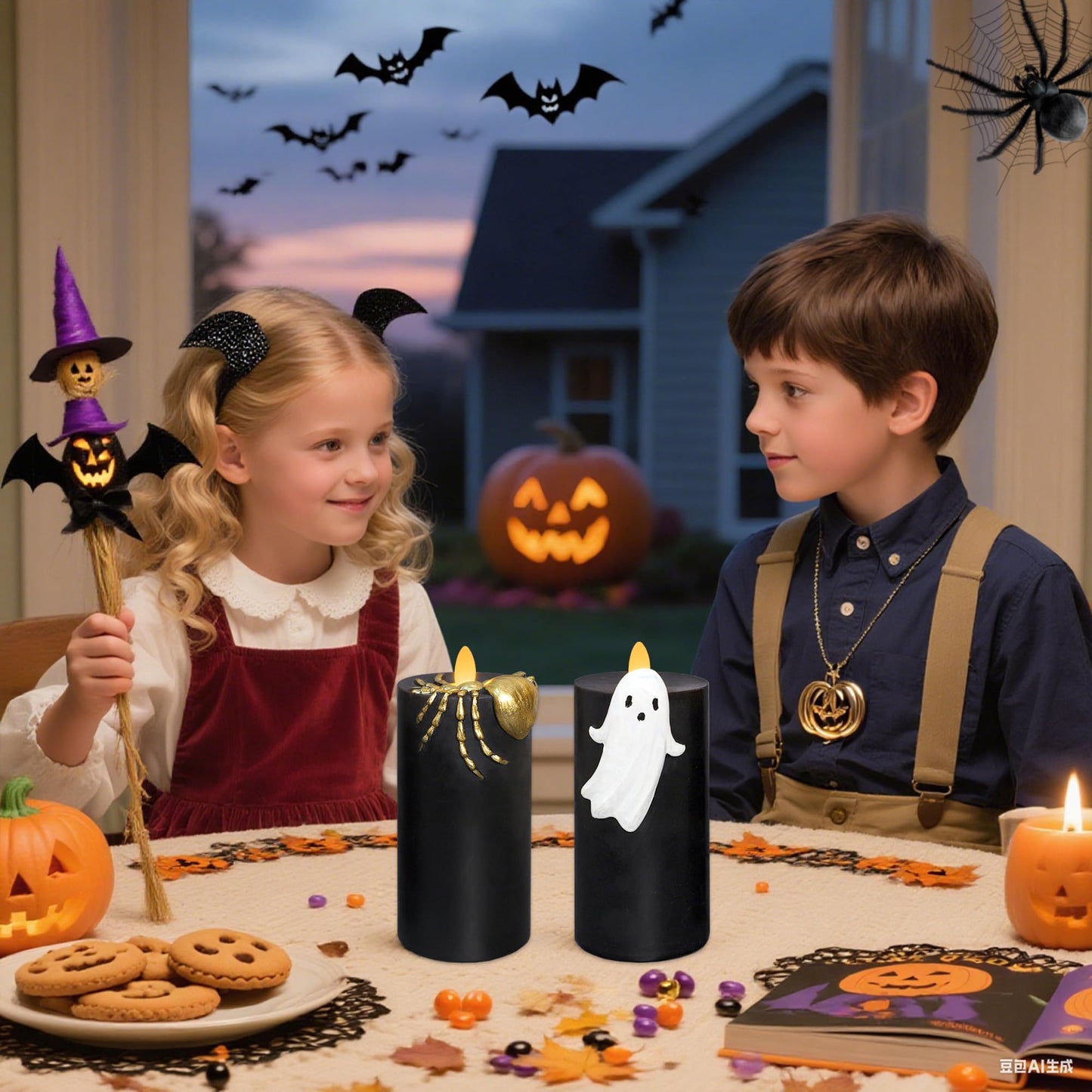 Silverstro Halloween Flameless Candles with Remote & Timer, Real Wax Hand-Carved Painted Ghost Spider LED Candles for Home Party Haunted House Horror Theme Halloween Decor, 3" x 7"" Set of 2"