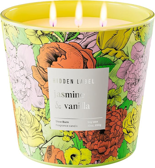 Big Candle, Vanilla Jasmine Scented Candle, 30oz Natural Soy Wax, 3-Wick Large Candles for Home, Up to 100Hours Long-Lasting,Clean Burn,Non Toxic Aromatherapy Candle Gift for Women,Men,Large Rooms