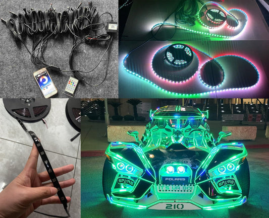 Tinted Black Out PCB Smoke LEDs 16PCS 6.5FT Single Row RGB Dream Color Chasing Flow Series Light Strips for Polaris Slingshot Off-Road Motorcycle Bike Golf Cart APP + Remote