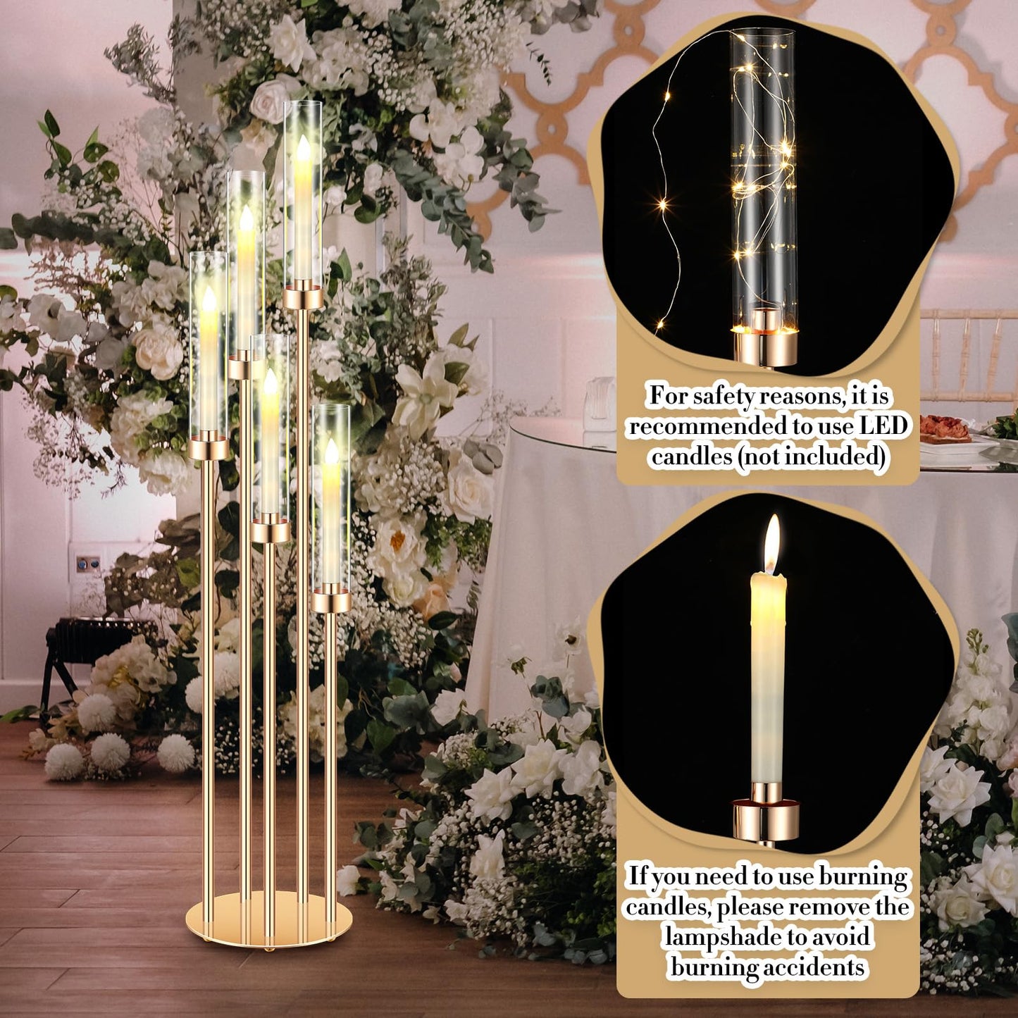 Tandefio 2 Sets Acrylic Candelabra Centerpieces 42.5" Tall Clear Candle Holders Pillar Taper Candlestick with Lampshades 5 Arm Floor Candelabra Stand for Wedding Christmas Ceremony Dinner Party"