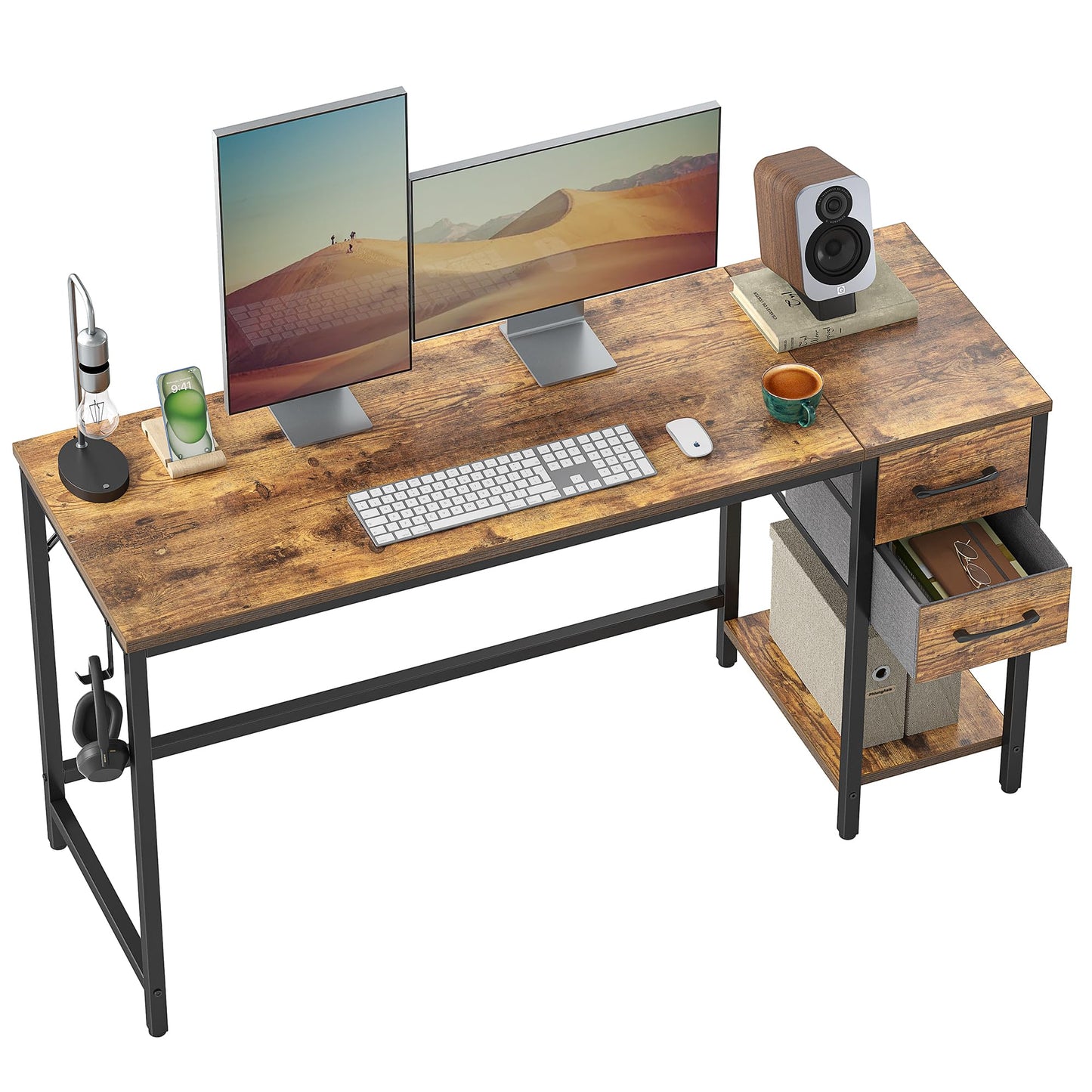 CubiCubi Computer Desk with 2 Drawers, 47 Inch Small Home Office Desk with Storage Study Writing Table, Light Brown