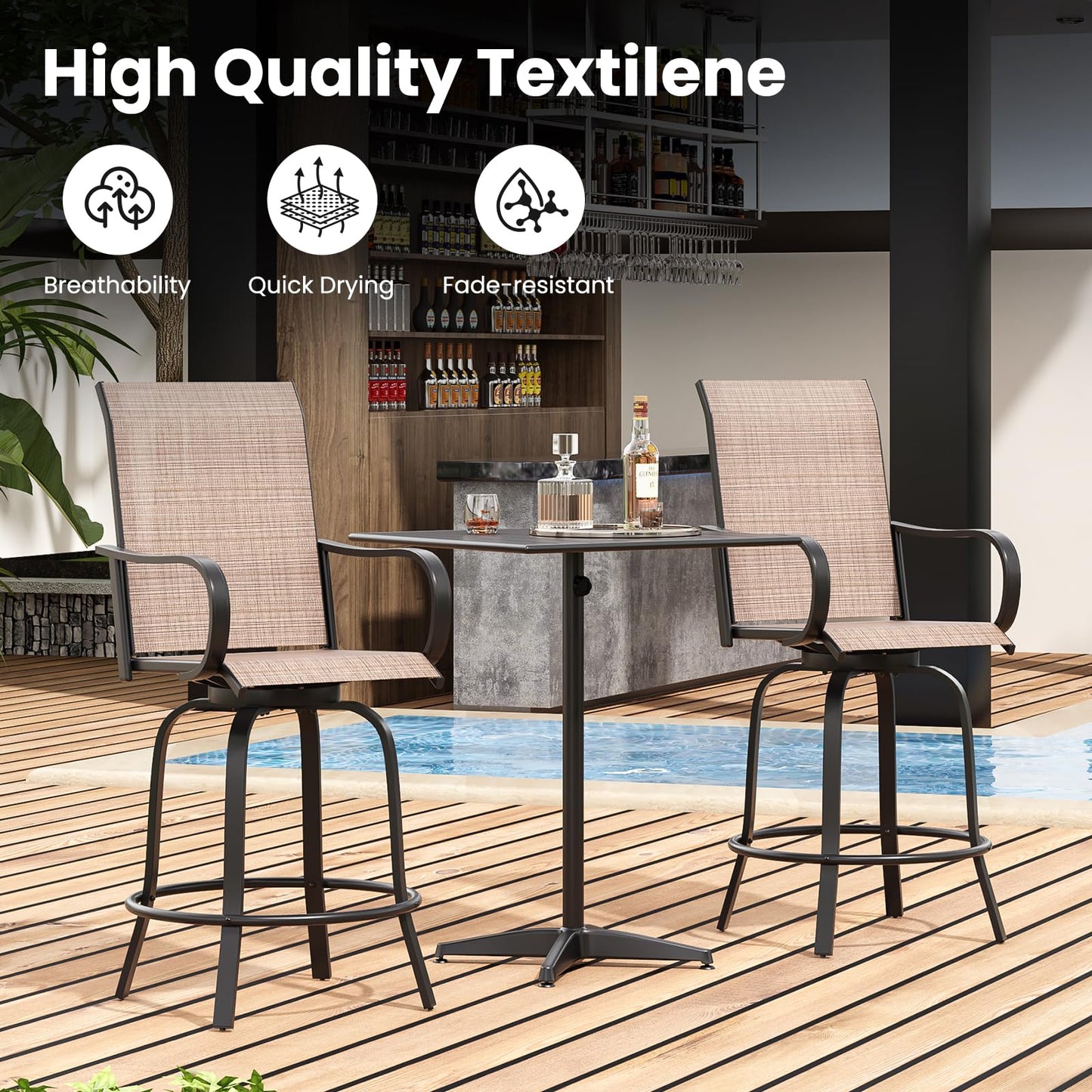 Soohow Outdoor Bar Stools Set of 4, Swivel Patio Barstools with Textilene Fabric, Height Top Patio Chair 360° Swivel, All Weather Use, Ergonomic Comfort Bar Height Tall Outdoor Stools for Balcony