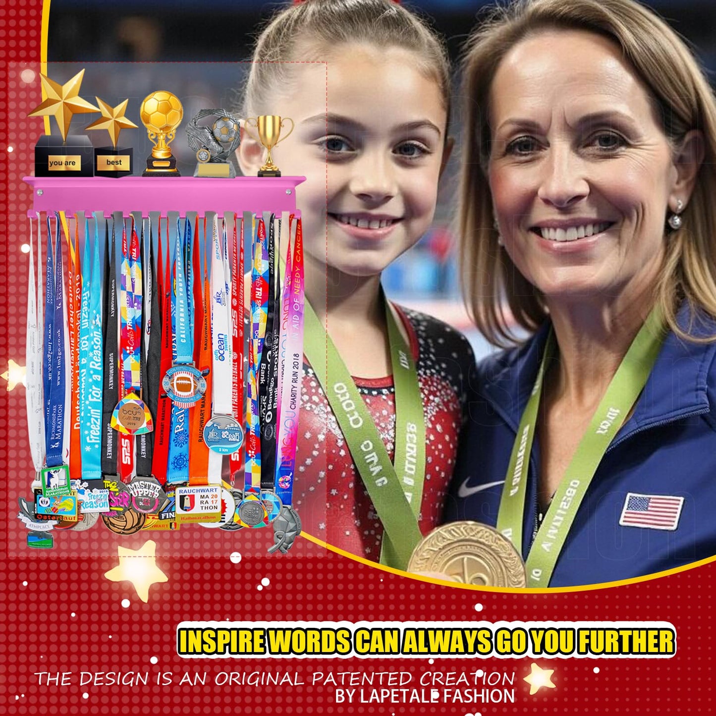 Lapetale Fashion Non-Slip Pink Trophy Shelf - 16 Inch Medal Hanger Display for Wall with Upgraded Shelves for Trophies, Gymnastics, Soccer, Swim