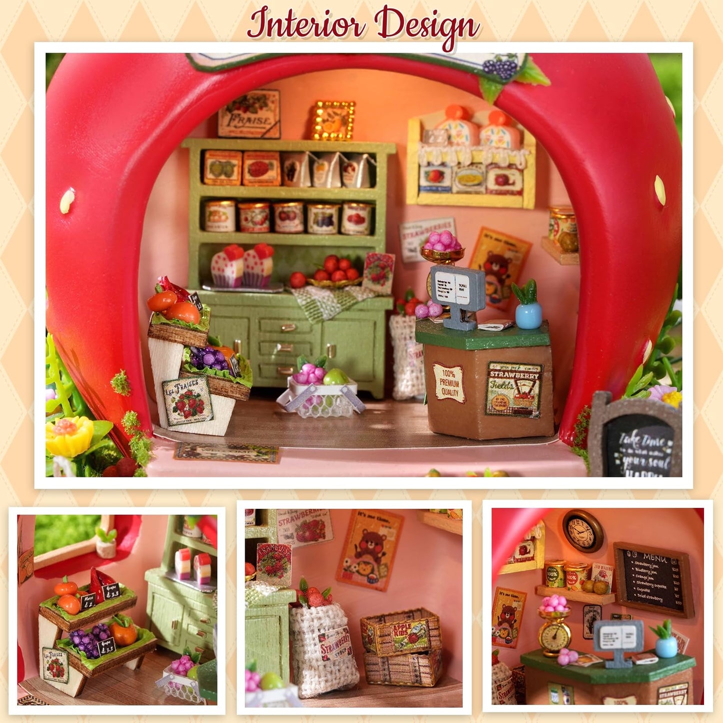 TuKIIE DIY Miniature House Kit with Furniture, 1:100 Scale Creative Room Mini Wooden Dollhouse Book Nook for Kids Teens Adults(Berry Shop)
