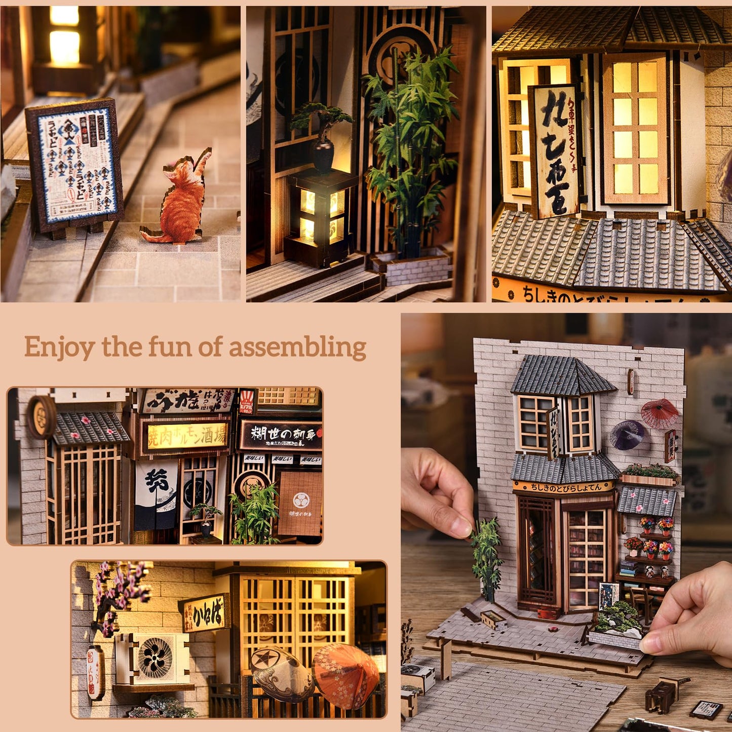 DIY Book Nook Kit, 3D Wooden Puzzle Bookend with LED Light, Japanese Street Alley Miniature House Model, Creative Shelf Insert Decor & Arts Crafts Gift for Adults Teens (The Alley Waiting for the Cat)