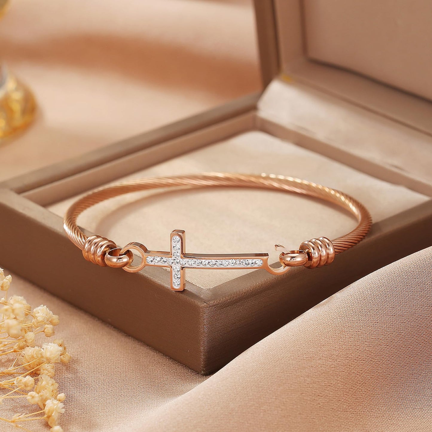 DS Religious Gift for Her Christian Cross Bracelet Bible Verse God is Within Her She Will Not Fall Inspirational Bracelets For Women Stainless Steel Jewelry Gift To Daughter Best Friend (Cross bracelet-Rose Gold 2)