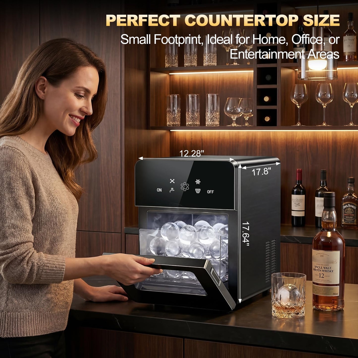 SOZT® 2" Ice Ball Maker Countertop, 4Pcs Ready in 40Mins, 144Pcs/Day, Sphere Ice Maker Machine with Self-Cleaning, Auto & Manual Fill, Round Ice Cube Maker for Home Bar Whiskey Bourbon