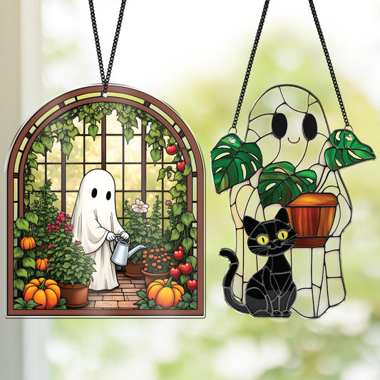 2 Cute Halloween Decoration Suncatchers, 6" Spooky Cute Ghost Plant Window Hangings, Ghost with Black Cat Greenhouse, Pumpkin Ornaments Home Garden, Gifts for Mom, Plant Lovers, Women, Girl SS358