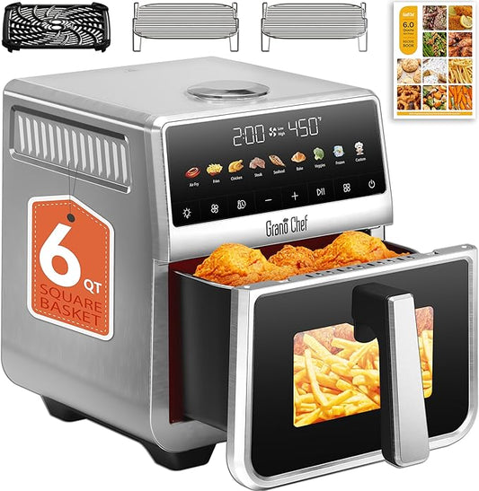 Air Fryer 6 Qt, All Metal Air Fryer, Stainless Steel Housing& Full Metal Inner Pot, PTFE and PFAS Free, 9 Digital One-Touch Cook Functions,120°F~450°F, 1700W