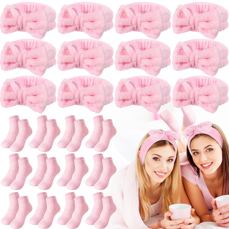 Shyyween 24 Pcs Pink Spa Party Favors Sleepover Party Supplies for Girls Include 12 Spa Headband, 12 Fuzzy Socks for Valentine Galentine Slumber Bachelorette Pajama Gift