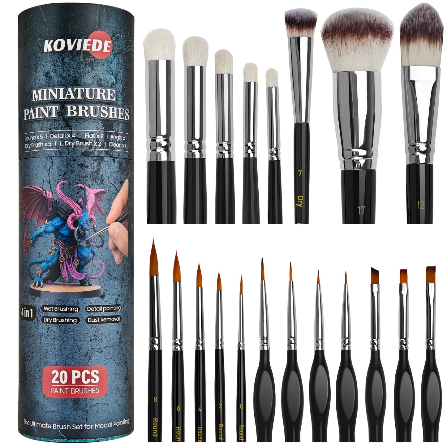 KOVIEDE Miniature Paint Brushes Dry Brush, 20PCS Fine Detail Paint Brush Set for Blending, Dusting, Acrylic Oil Watercolor Painting, Model Painting, Crafts, Paint by Numbers