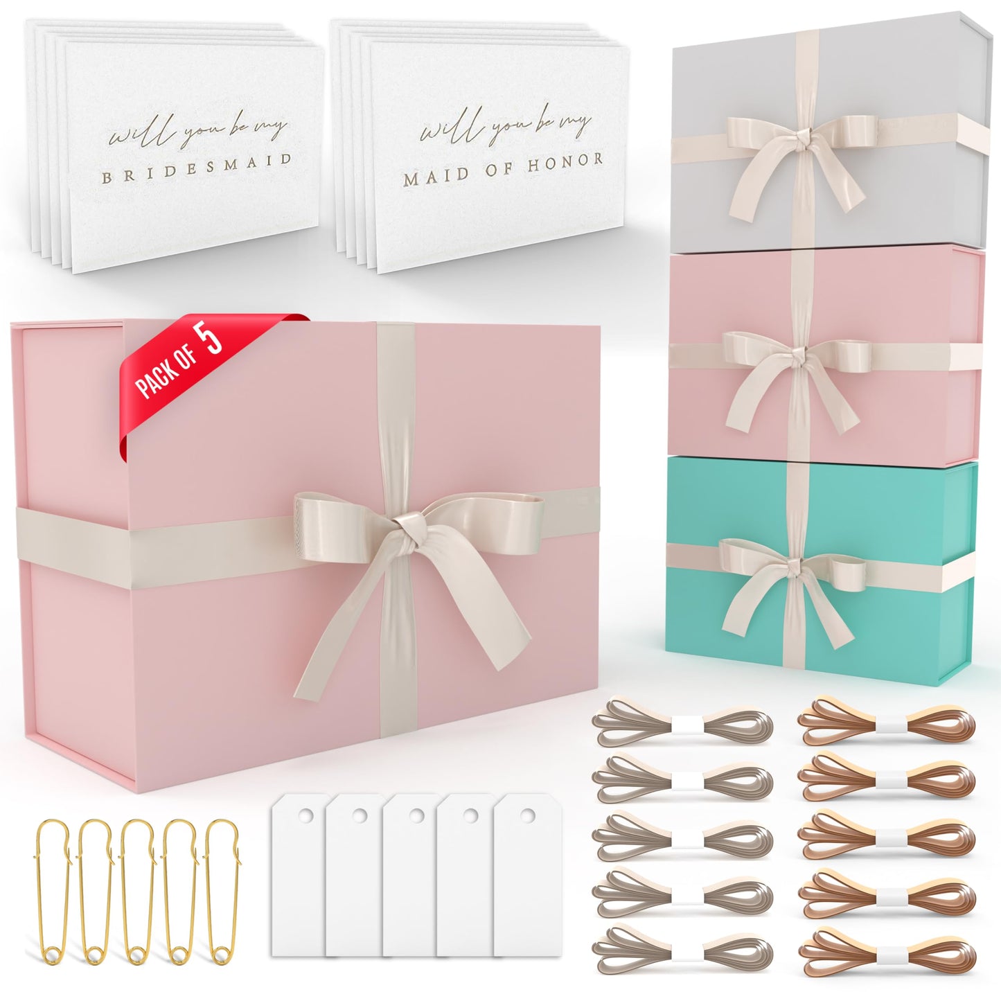 iPassion Gift Box Set - Bridesmaids Gifts for Wedding (5 Pack - Blush Pink), All Occasions, Bridesmaid Proposal, Magnetic Boxes With Lids, Big Set For Bridal, 13.5 x 9 x 4.5 inches, Pink GiftBox