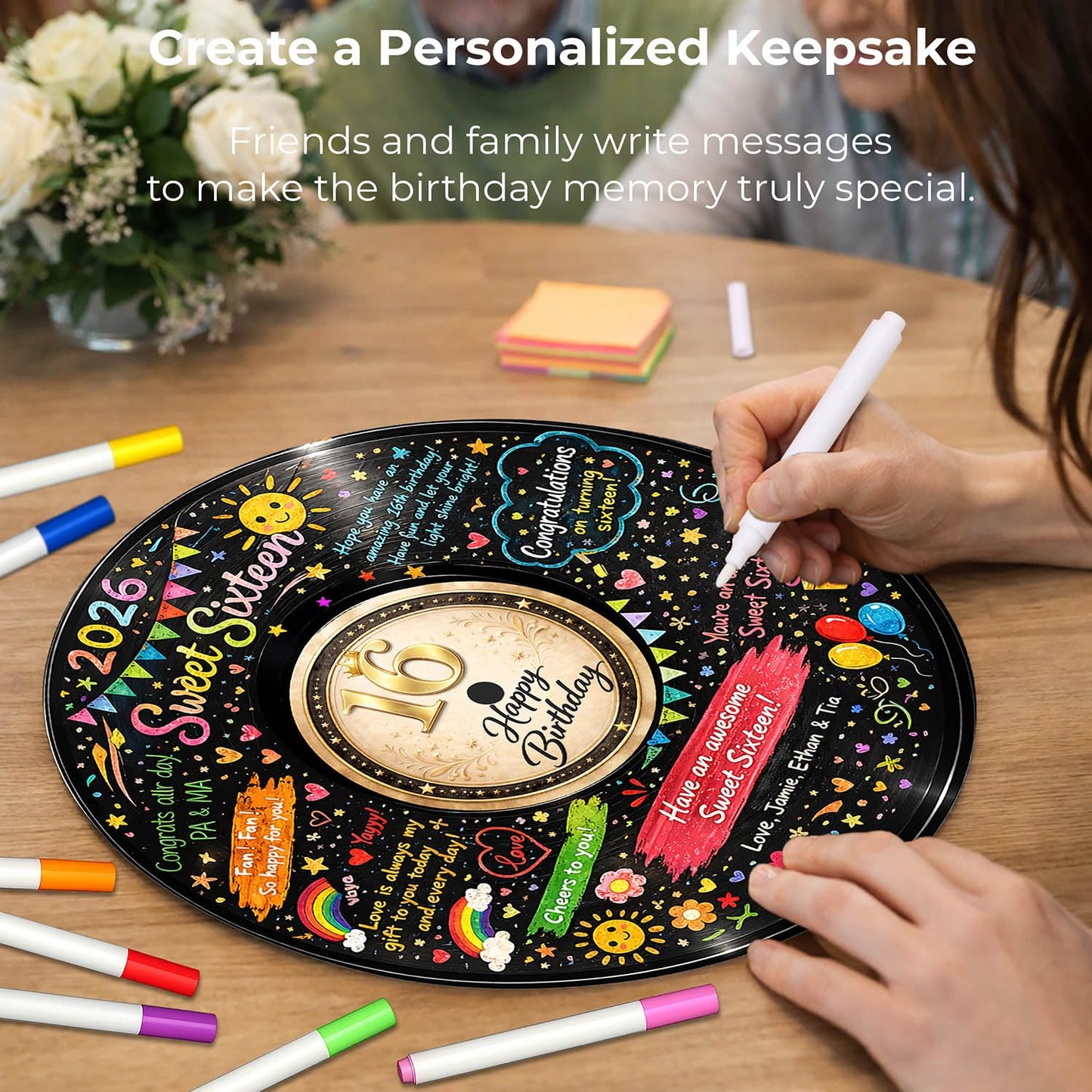 Sweet 16 Party Decorations for Girls and Boys, 11.6 Inch Vinyl Record Guest Book Alternative, 16th Birthday Signature Board with Stand and Pens, 16th Birthday Gifts for Boys Girls