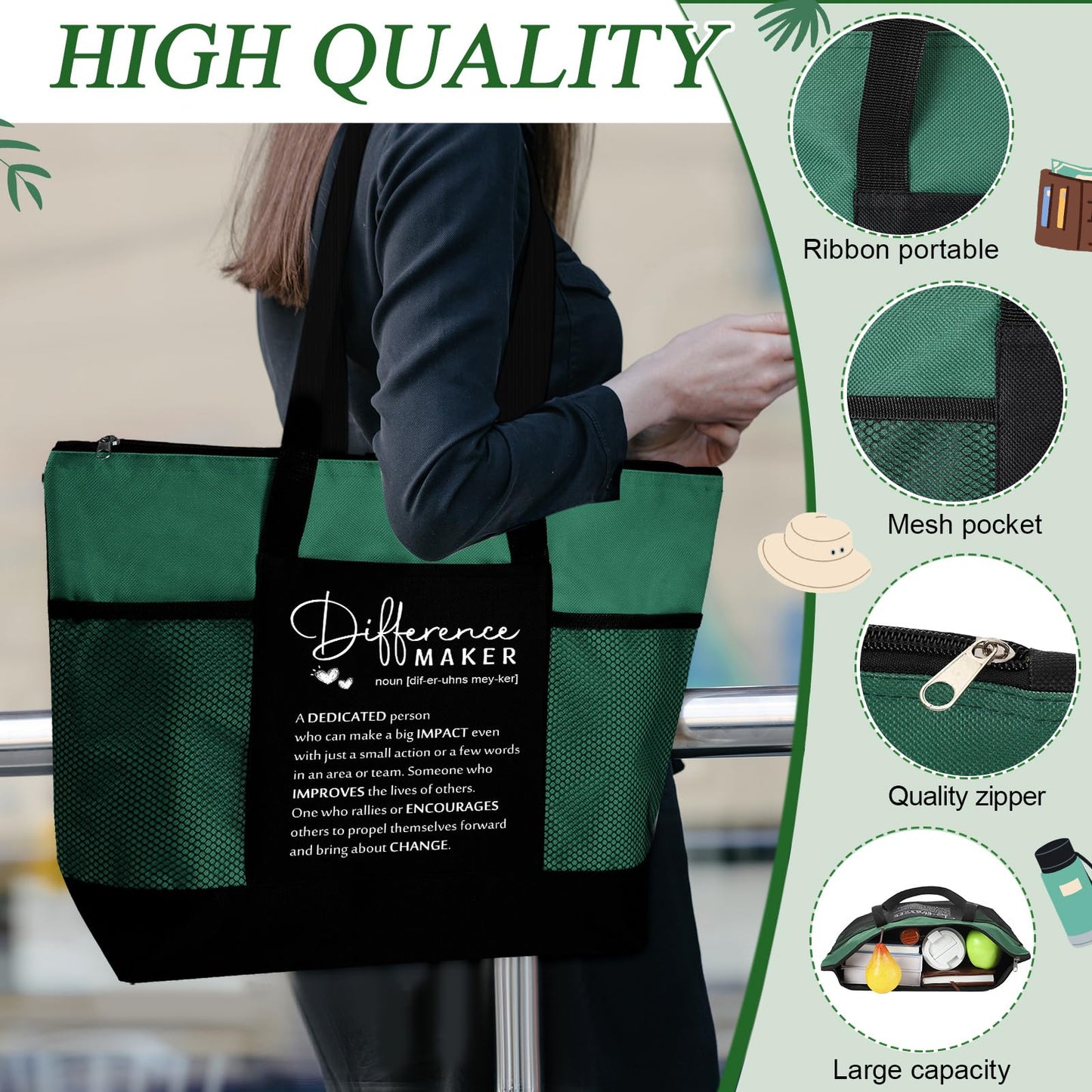 Meanplan 5 Pcs Difference Maker Gifts for Women Employee Appreciation Journal Tumbler Tote Bag Makeup Bag You Make a Difference Pen for Volunteer Nurse Coworker Lab Week Mother Day(Green,Flowers)