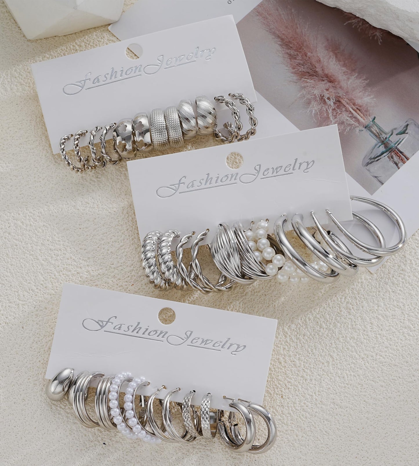 Silver Hoop Earrings Set for Women, 18 Pairs Hypoallergenic Chunky Open Pearl Hoops Earring Multipack, Silver Statement Hoop Earrings for Women Trendy Jewelry