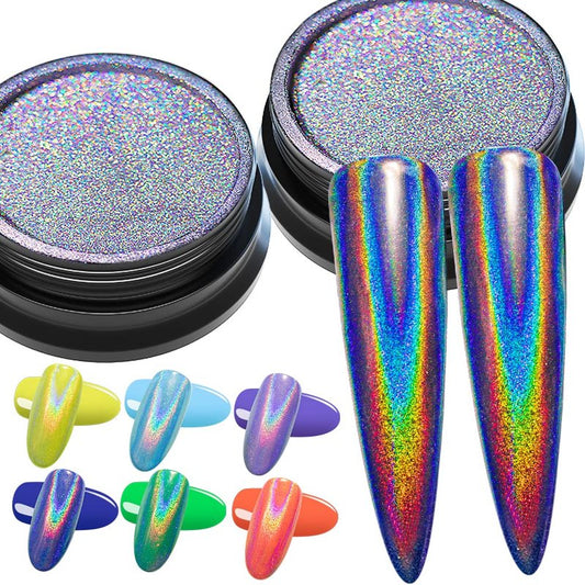 GA&EN Nail Glitter 2 Jars Holographic Nail Powder Fine Rainbow Holo Mermaid Unicorn Mirror Laser Effect Multi Chrome Manicure Pigment Glitter Dust + 6PCS Sponge Tools for Salon Home Nail Art DIY Decor