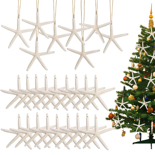 20PCS Christmas Starfish Ornaments Ready to Hang 3"-4'' Natural Starfish Decor with Drilled Holes & Hanging Rope for Christmas Tree Hanging Ornaments, Beach Theme Wedding Home DIY Crafts