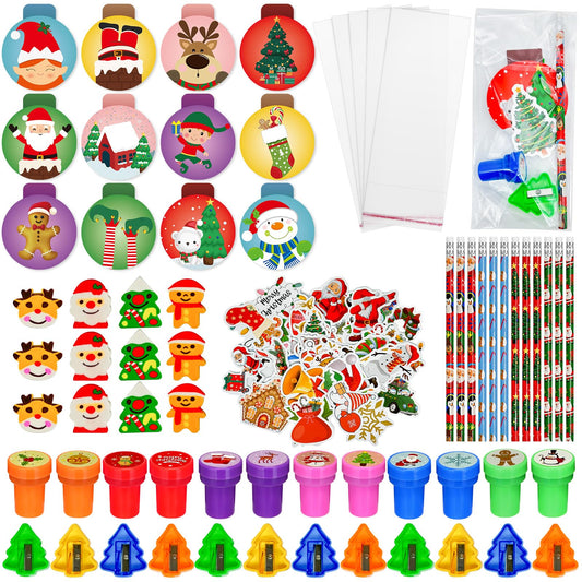 194 Pcs Christmas School Stationery Set Xmas Classrooms Exchange Stationery Party Favors Class Reward Prizes Notebooks Pencils Sharpener Erasers Stickers Stamps for Party Supplies (Snowball)