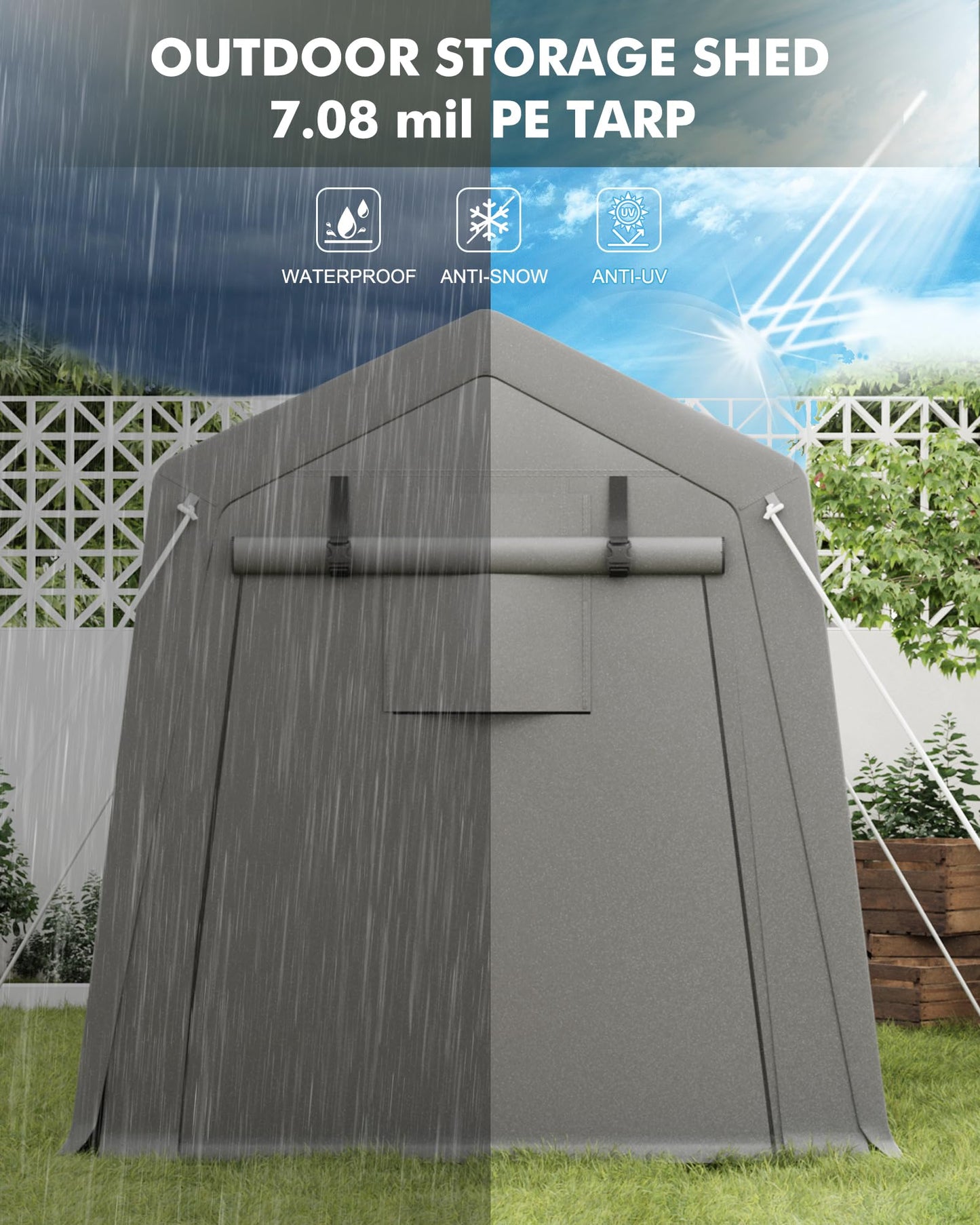 GarveeLife 6 x 8 ft Carport Storage Shed, Portable Garage with Roll-up Zipper Door, Heavy Duty Waterproof Tarp, Storage for Motorcycle, Bike, Firewood, Garden Tools
