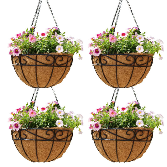 14 inch Metal Hanging Baskets For Plants Outdoor 4 Pack Round Metal Wire Hanging Basket Planter with Coco Fiber Liners Chain Round Wire Plant Holder for Garden, Patio, Deck, Porch Plants Flower Potss