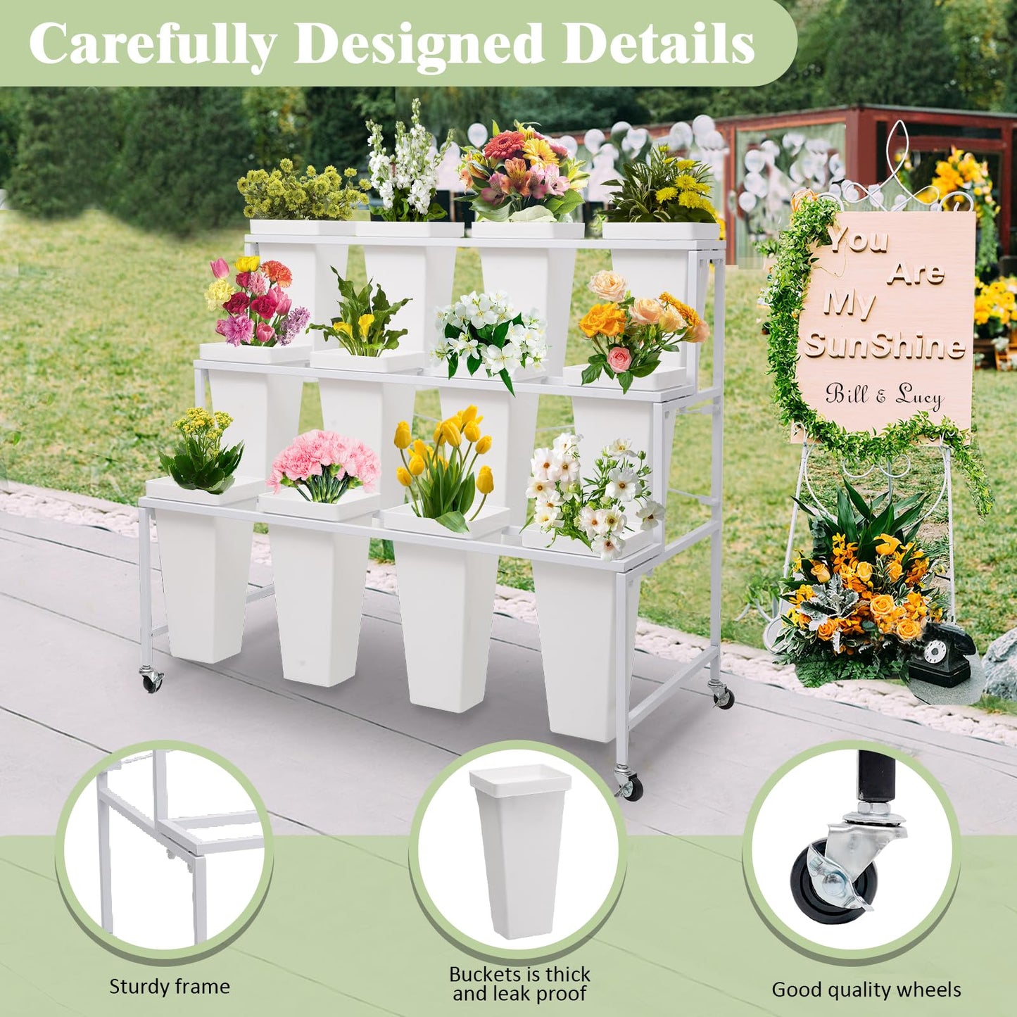 Flower Display Stands with Buckets, 3-Tier Rolling Plant Stand with Locking Wheels - Heavy Duty Metal Flower Cart for Indoor/Outdoor Use, Wedding Decor & Florist Displays (Holds 12 Pots) (Black)