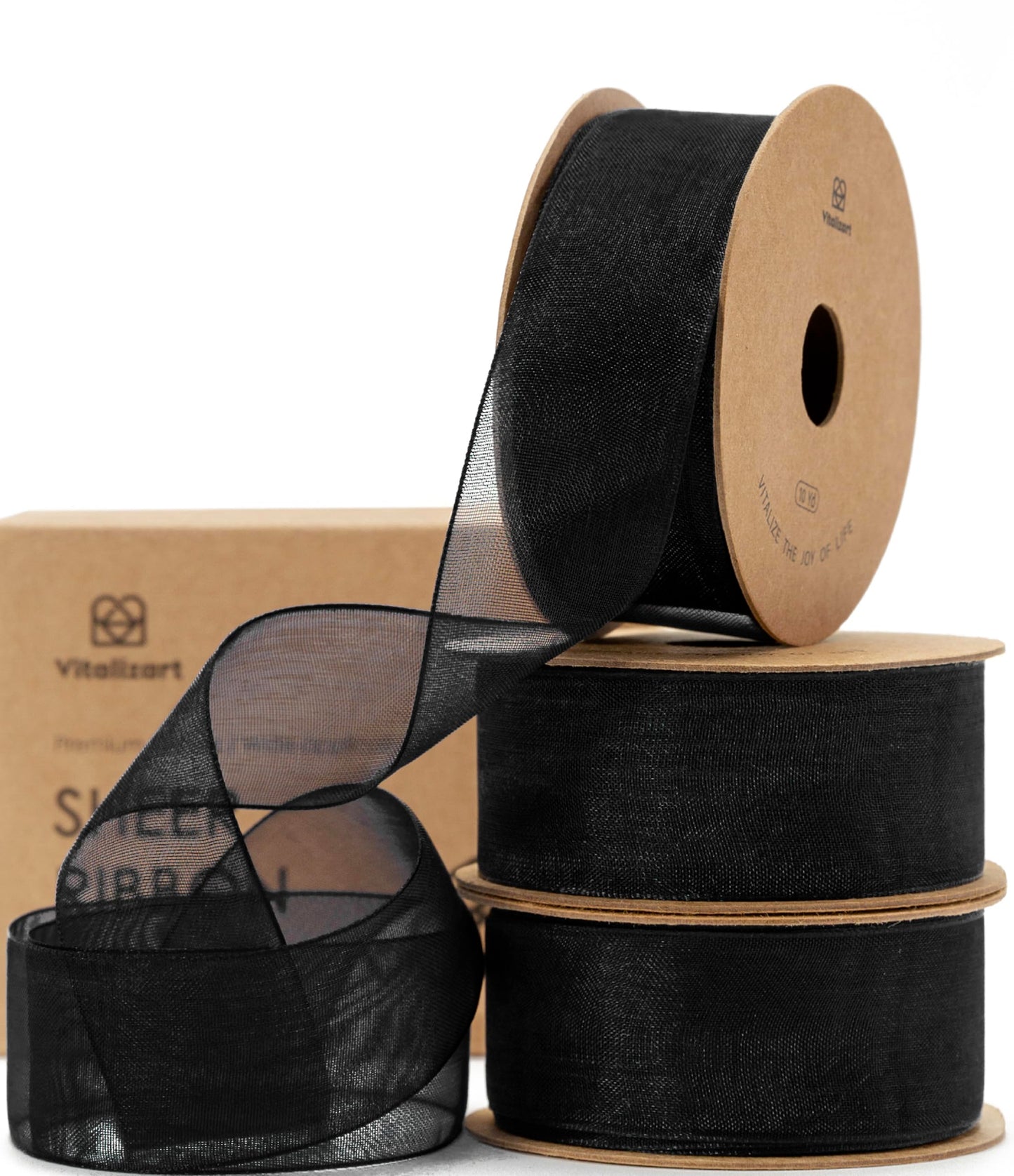 Vitalizart Black Ribbon Organza Sheer Ribbon 1 inch x 30Yd Handmade Fabric Ribbons for Gift Wrapping Christmas Tree Crafts Bows Wedding Invitations Wreaths Wrap