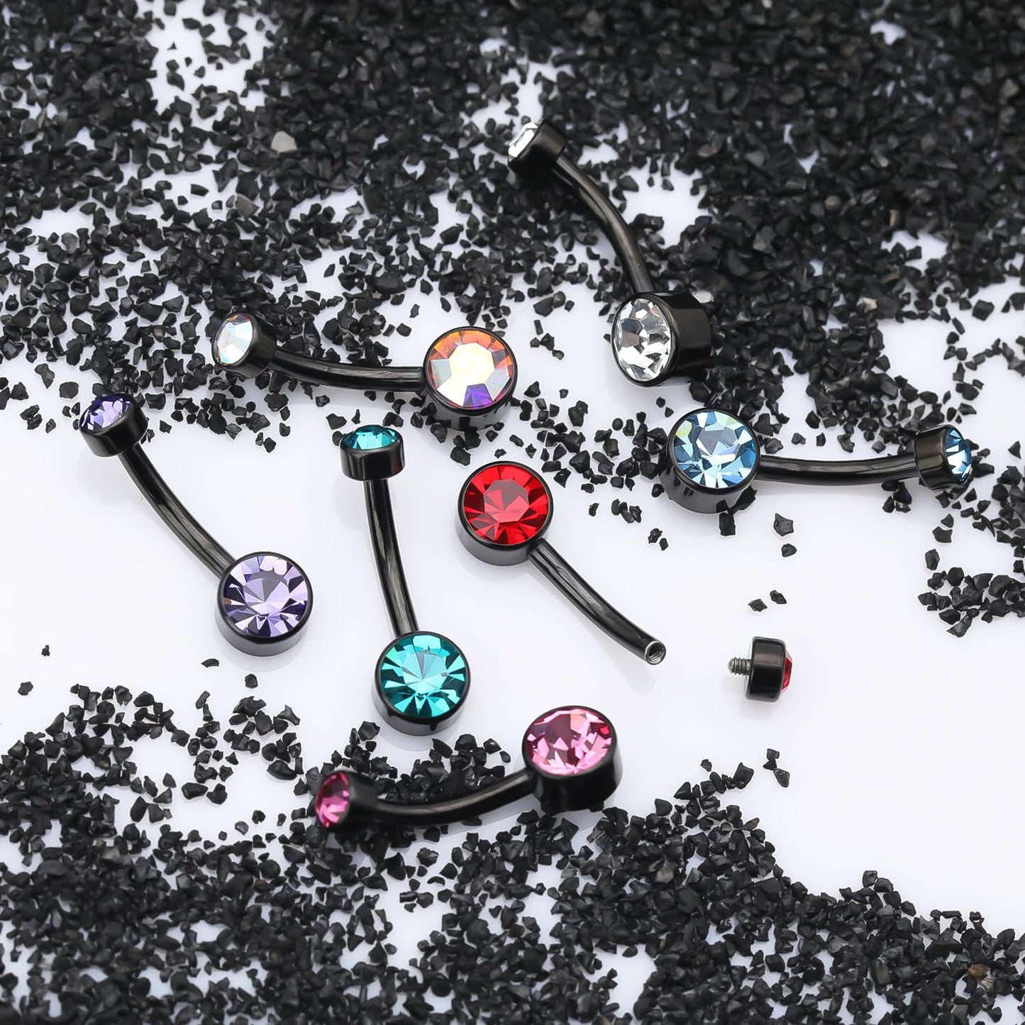 XUU Titanium Belly Button Rings, Black & Silver – 14G Internally Threaded Navel Piercing Jewelry, 10mm & 12mm Curved Barbells with 7 Colors Gems – Hypoallergenic (Black-AB, 10MM)