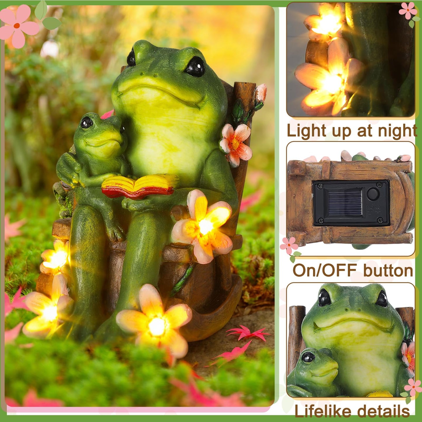Thyle Frog Miniature Garden Statues Solar Family Reading Frog Garden Statue in Rocking Chair with LED Book Outdoor for Mom Women Grandma Patio Yard Lawn Decor Birthday Gifts Housewarming Decoration