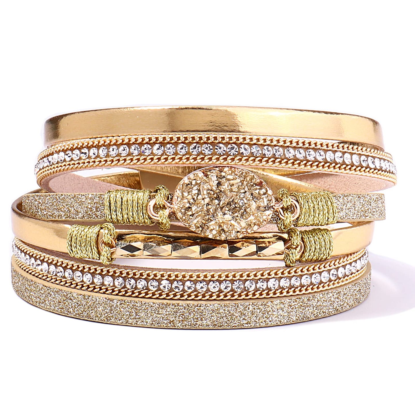 FANCY SHINY Boho Leather Wrap Bracelet Stackable Chunky Crystal Cuff Bracelets with Magnetic Clasp Cowboy Cowgirl Western Summer Beach Outfits Jewelry Gifts for Women (14.7", Metal)