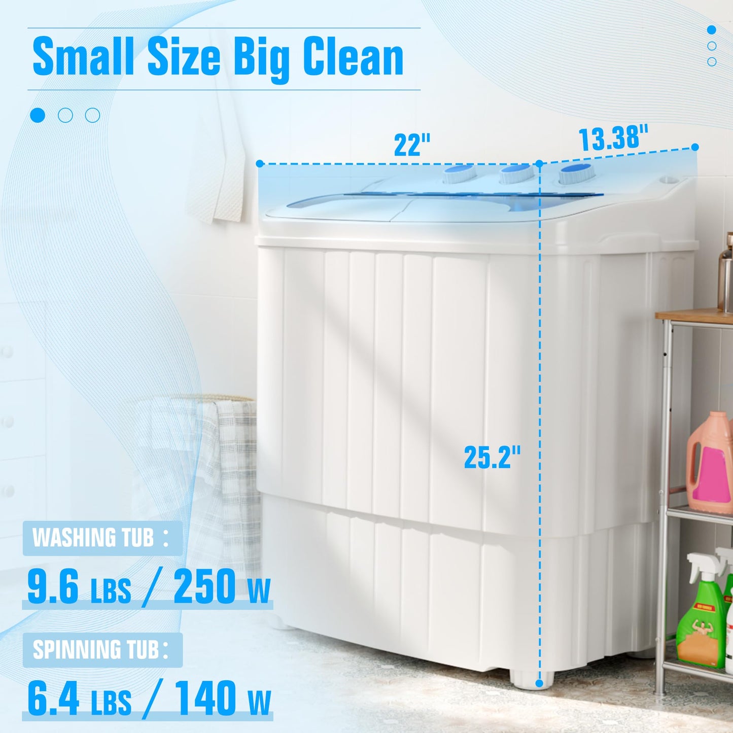 INTERGREAT Portable Washing Machine, 16lbs Twin Tub Portable Washer with 9.6Lbs Washer and 6.4Lbs Spinner dryer, Semi-automatic Washer Machine Combo for Dorms, Apartments, Blue