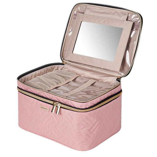 BAFAMYE 8.8L Double Layer Travel Makeup Bag With Mirror For Women, Large Cosmetic Case, Organizer for Travel-Size Accessories Bottles, Brushes,and Skin Care Products, 2.33 GAL, Pink