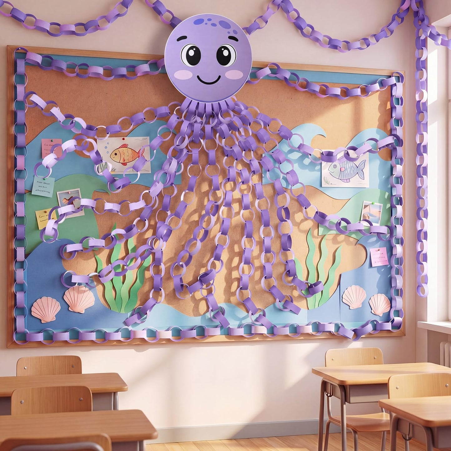 Motipuns 301 Pcs Under The Sea Paper Chains, Octopus DIY Paper Chain Garland for Classroom, Purple Ocean Theme Bulletin Board Decor Summer Party Craft Supplies 1" x 8"
