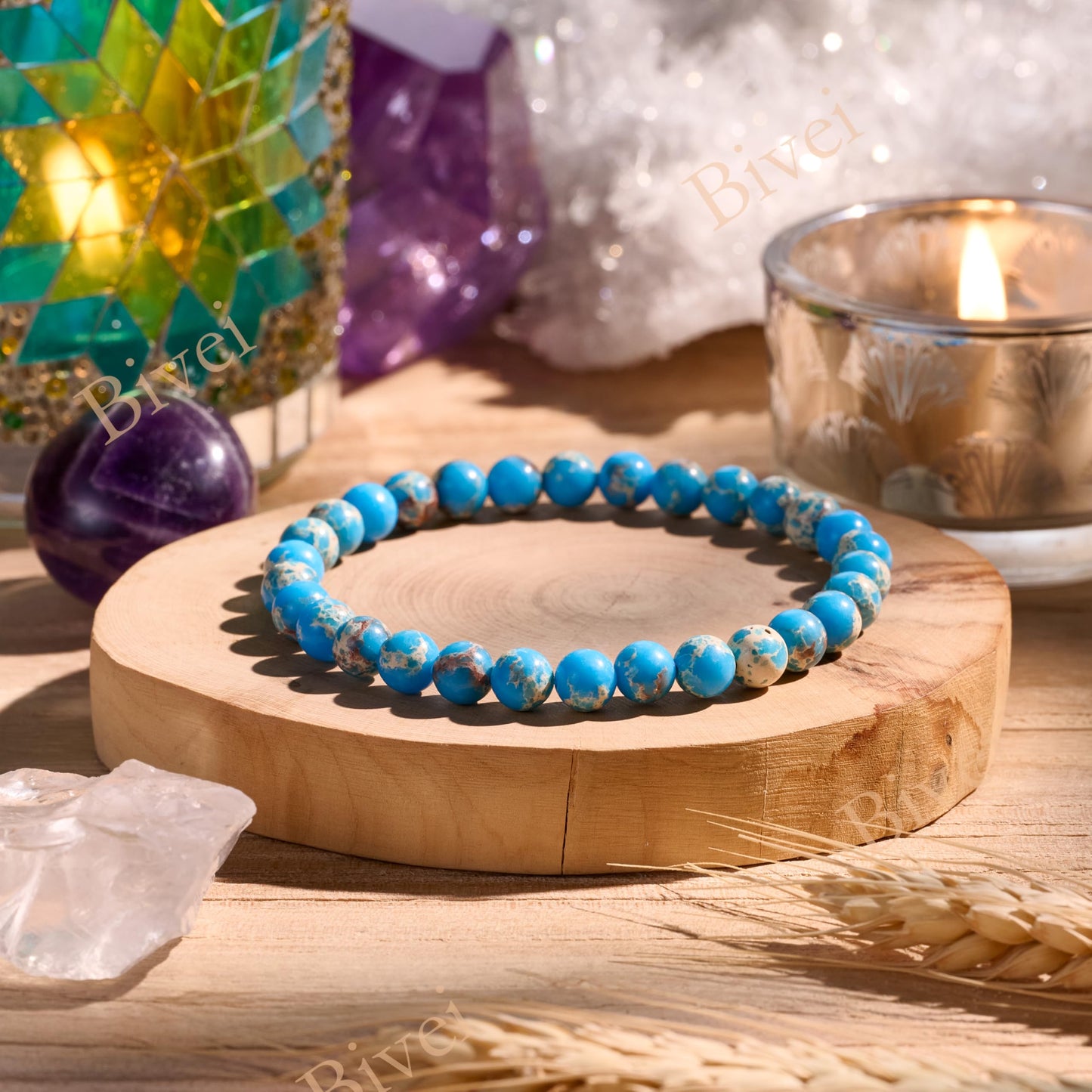 Bivei Sea Sediment Jasper - Serenity - 6mm Beaded Bracelets for Women Handmade Semi Precious Natural Stone Stretch Elastic Jewelry for Women Yoga Protection Gifts Small