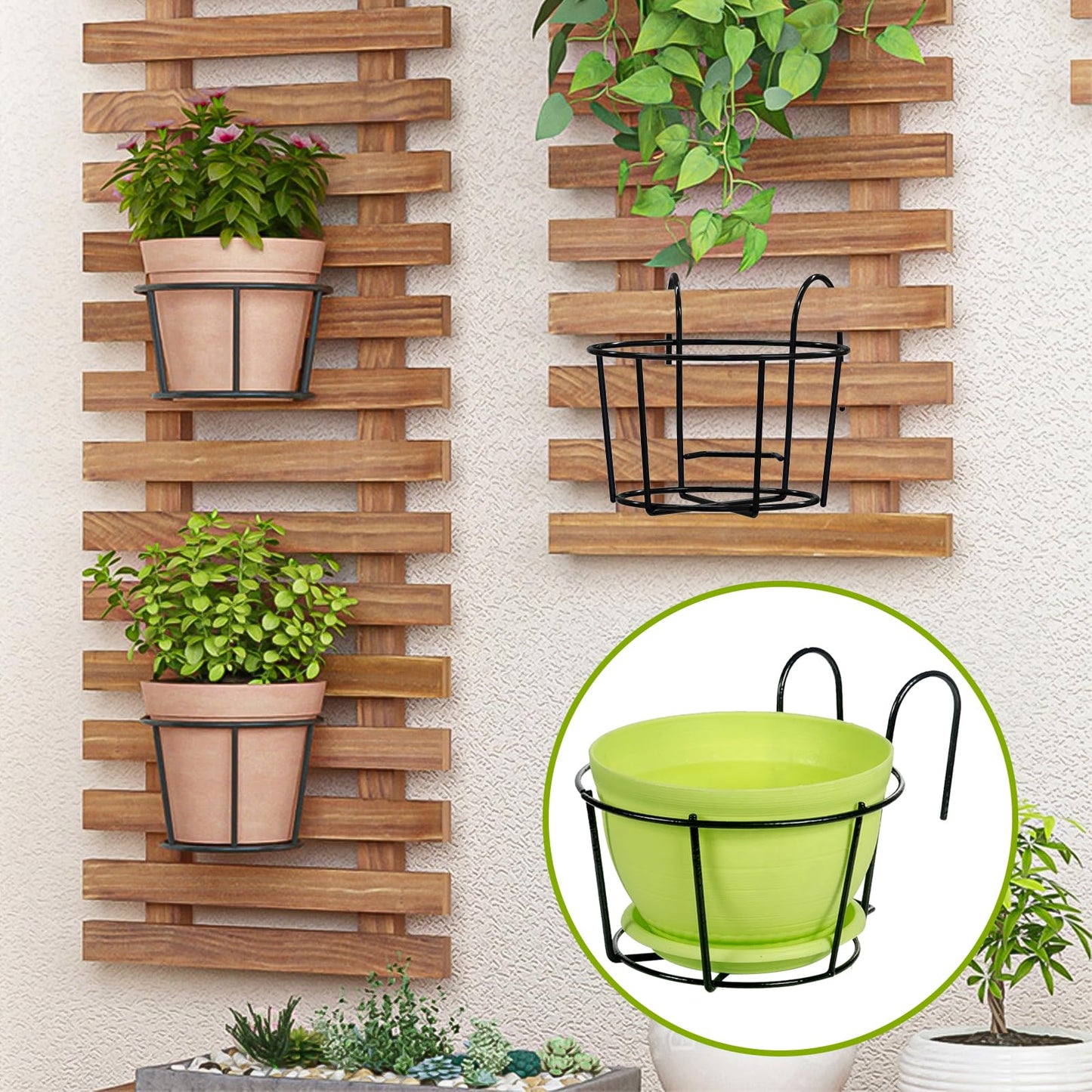 Leoenir 4 Pack Round Hanging Railing Planters - Metal Flower Pot Holder for Balcony and Fence （Black）