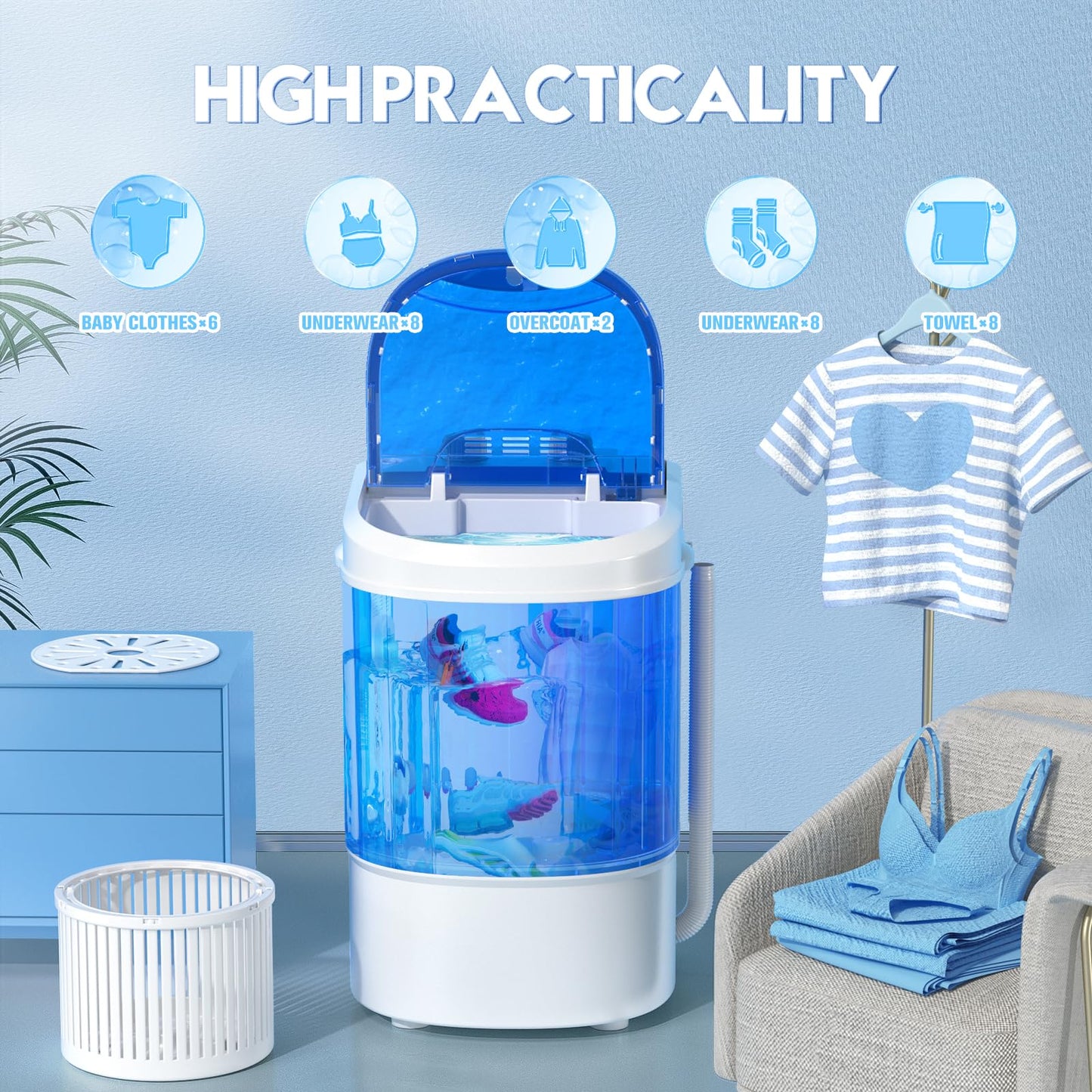 Superday 11LBS Portable Washing Machine, Single Tub Compact Washing Machine with Spin Cycle& Blue Light, Mini Washing Machine for Shoes&Clothes, Portable Washer for Home, Apartments, Outdoor, RV, Blue