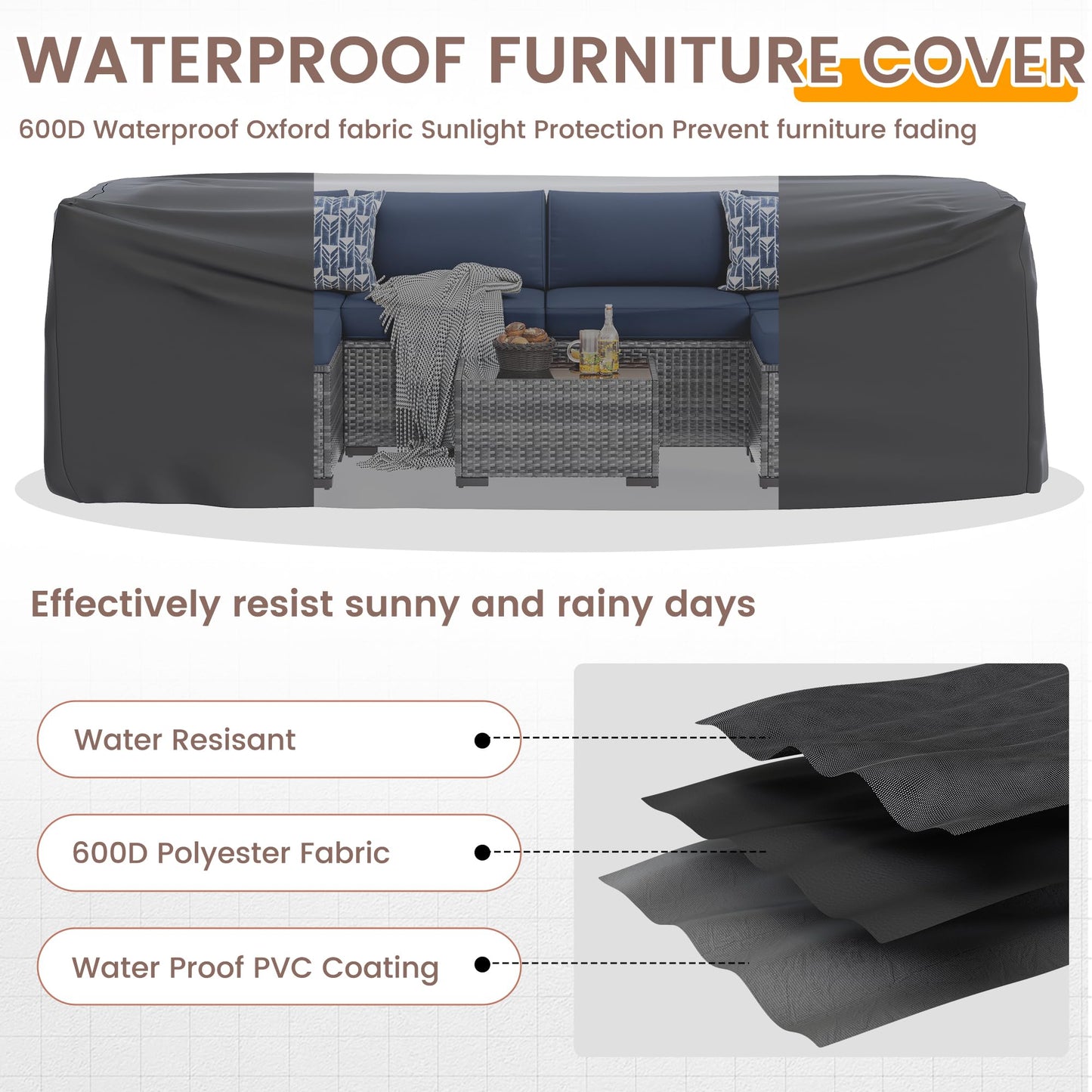 UDPATIO Patio Furniture Set with Fire Pit Table, 8 Pieces Outdoor Sectional Sofa, PE Wicker Patio Conversation Set for Garden, Backyard (Blue Cushions with Grey Rattan)